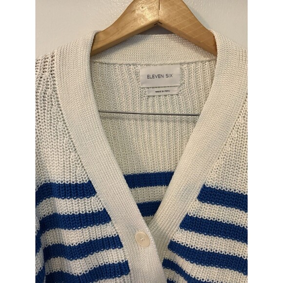 Eleven Six Women’s M/L Cardigan Sweater White With Blue Stripes Button Up Top - Picture 2 of 7